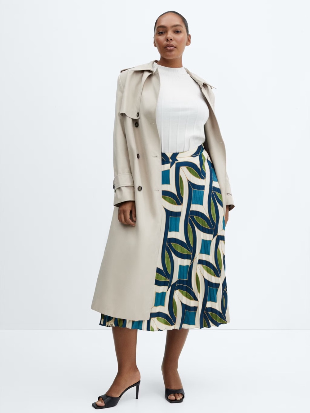 Mango Blue and Green Geometric Pleated Midi Skirt